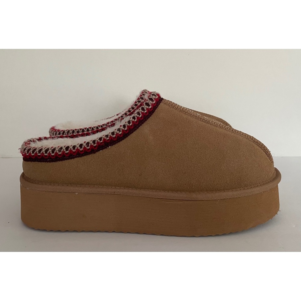 Serra Womens Tan Platform Slipper Mini Boots Red Braided Trim Sherpa Lined 9 NEW